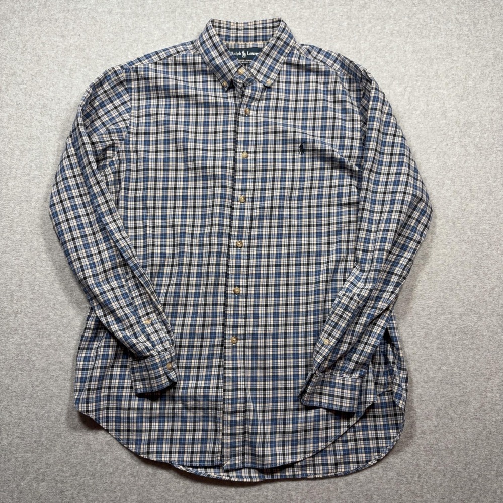 Ralph Lauren Shirt Mens Large Blue Plaid Classic Fit Button Pony Vtg Yellowed